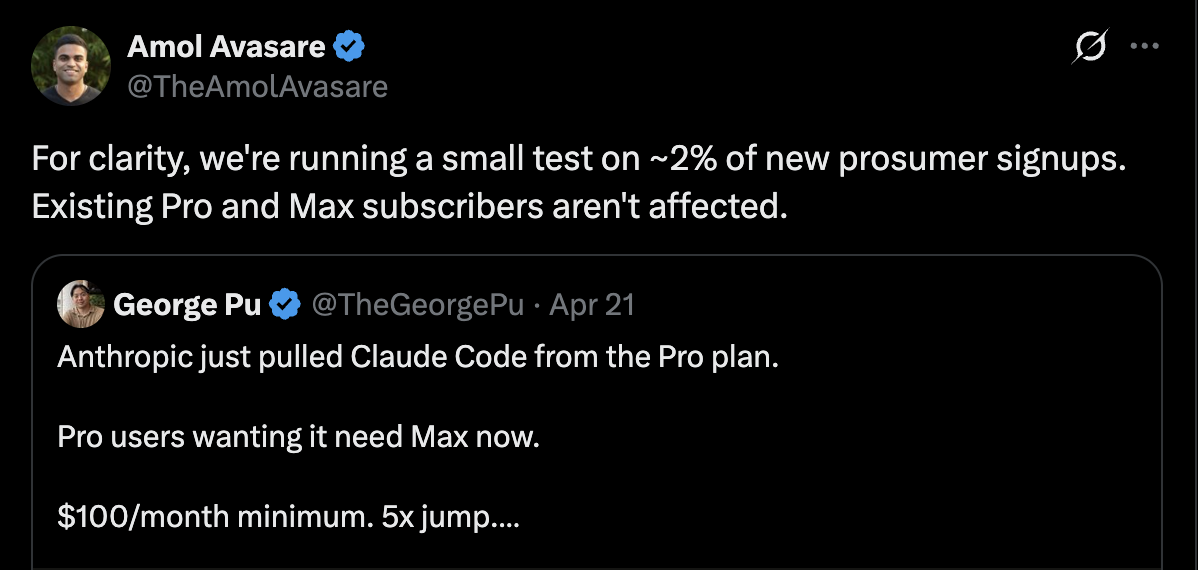 Amol Avasare's tweet clarifying Anthropic's pricing experiment